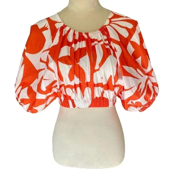 Oliphant Puff Crop Top Orange Twiggy Women’s Smocked Waist Blouse‎ Size S - Picture 3 of 7